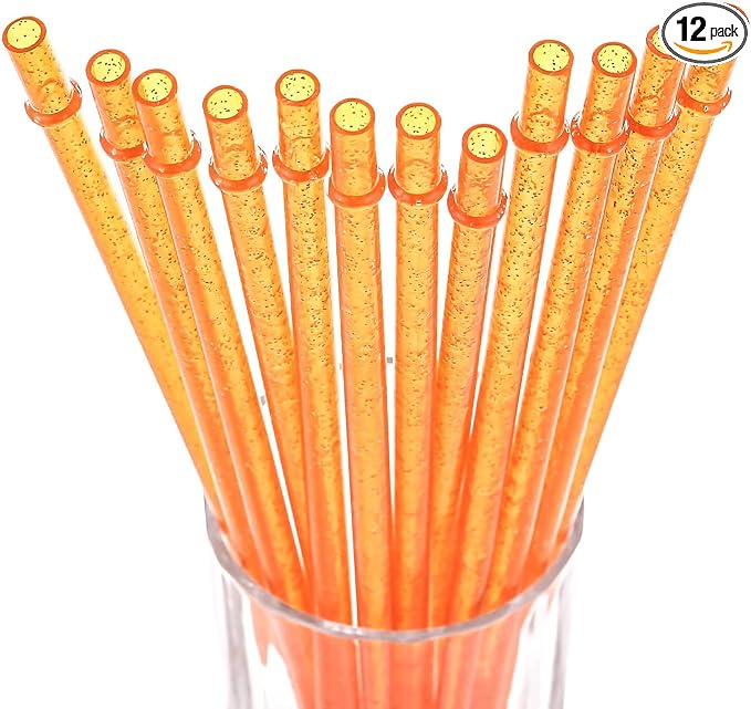 DAKOUFISH BPA-Free 12 Piece 9 Inch Reusable Clear Plastic Glitter Sparkle Drinking Straw Plus one Cleaning Brush (Orange,9inch)