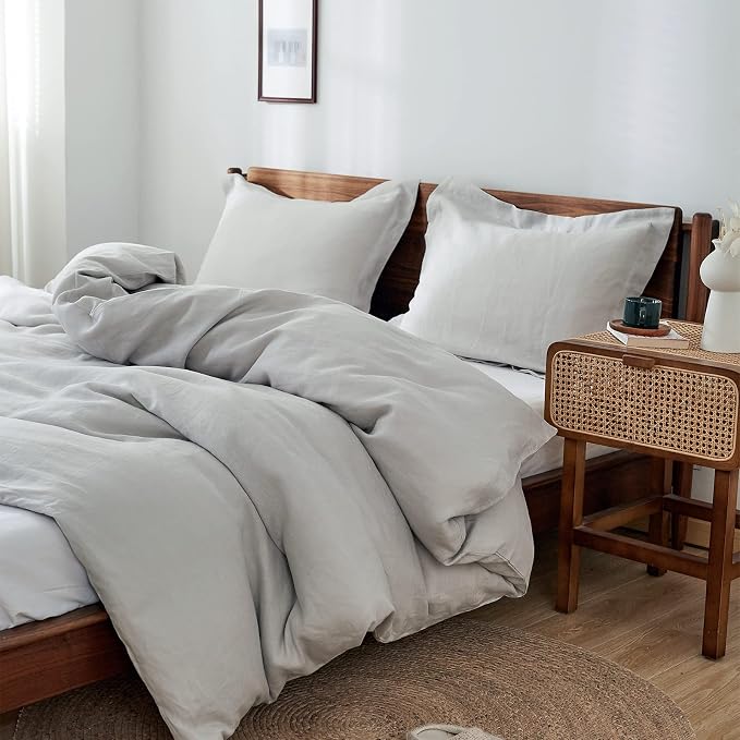 Simple&Opulence 100% Linen Duvet Cover Set 3pcs Basic Style Natural French Washed Flax Solid Color Soft Breathable Farmhouse Bedding with Button Closure - Light Grey, King