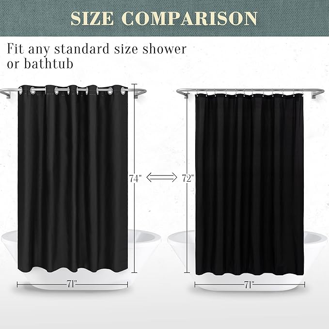 No Hook PEVA Shower Curtain or Liner - 8G Heavy Duty Black Bathroom Shower Curtain No Hooks Required, Waterproof Plastic & PVC Free, Standard Size 71 x 74, Black