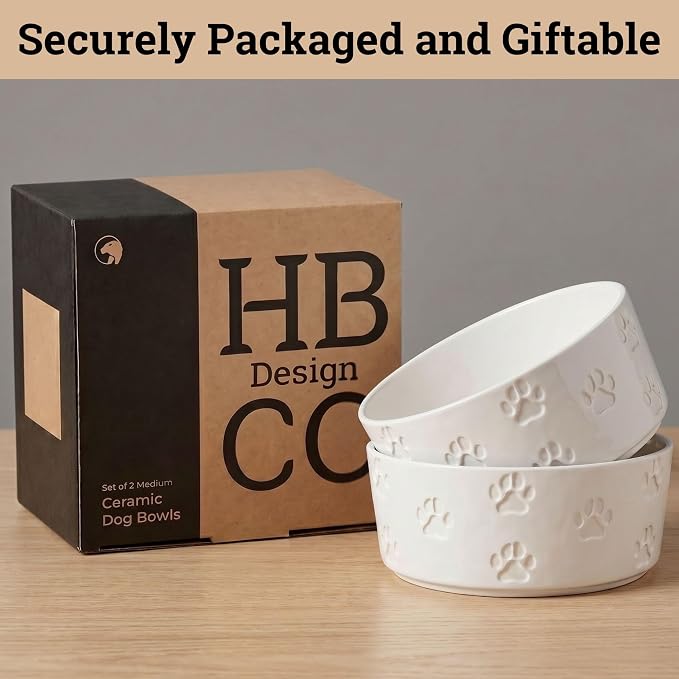 Ceramic Dog Bowl Set of 2 with Anti-Skid Base - 6.5" Wide x 2.5" Tall Ceramic Dog Bowls Medium Sized Dogs - 3.8 Cup Capacity Food and Water Bowls for Dogs - Rubber Bottom Pet Bowl Set of 2 Medium Size