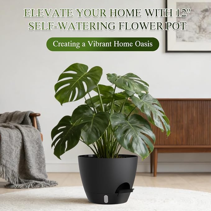 Self Watering Pots with Drainage Holes, 3 Pack 12/10/8 Inch Plant Pots with Water Level Indicator Deep Reservoir, Large Plastic Planter for Indoor Outdoor Plants - Black
