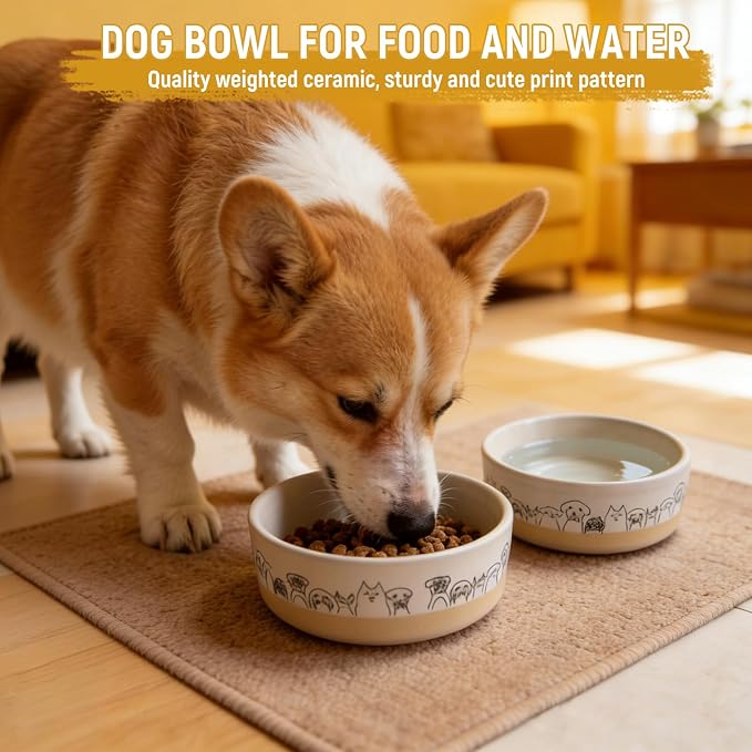 Elevated Ceramic Dog Bowls with Wooden Stand,6.1inch Raised Dog Bowls with Cute Pattern for Small and Medium Breed Dogs,2 Pack Dogs Food and Water Bowl Set,Weighted Pet Dishes Dishwasher Safe