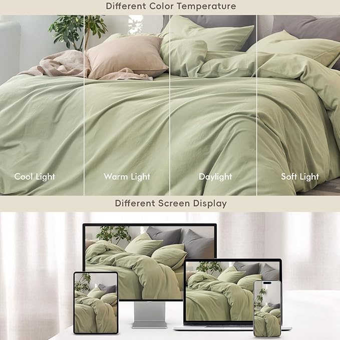MooMee King Duvet Cover Set, 100% Washed Cotton Linen Like Twill Thick Sturdy Material Super Soft Breathable Durable Bedding for All Season, 3 Pieces (Mist Sage, King 104"x90")