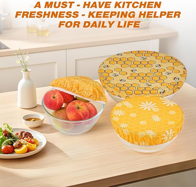 6 Pcs Beeswax Bowl Covers Reusable,Large Reusable Bowl Covers for Bread Proofing,Stretchable to Fit 8/10/12 Inch Bowls (2 Each),Beeswax Wraps for Bread,Leftovers,Fruits,Salad