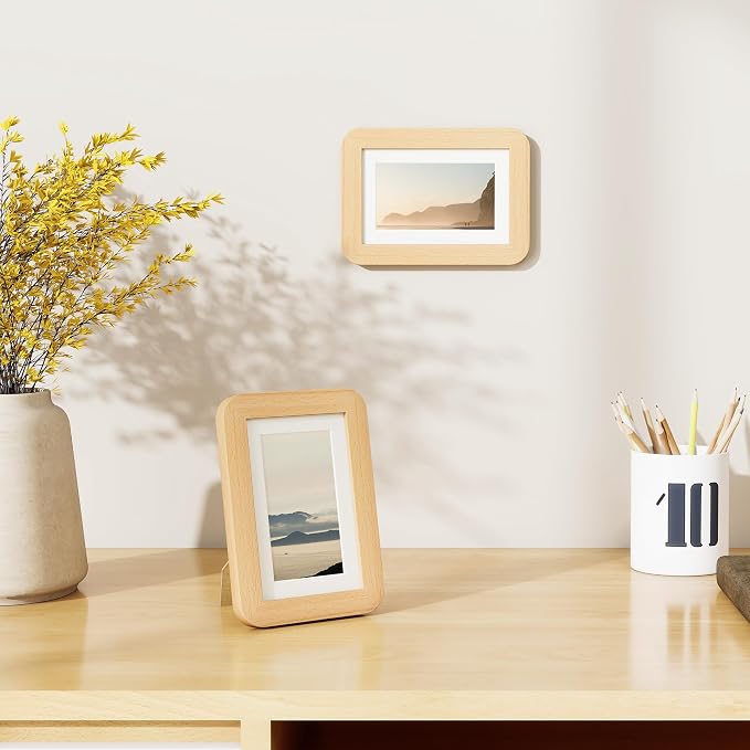 Fun Memories 4x6 Picture Frame - Solid Beech Wood Frame, Handcrafted 4x6 Photo Frame Matted to 3.5x5 with Real Glass, Wall or Tabletop Display, 4 By 6 Photo Frame Wood, Natural Beech