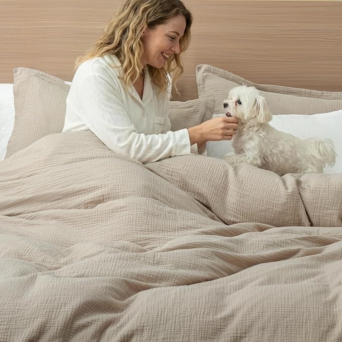 David's Home 100% Cotton Muslin Duvet Cover Set King Size,3 Pcs Ultra Soft Breathable & Lightweight Gauze Bedding Set with 2 Pillowcases,Textured Home Decor with Button, 104"×90" Natural,No Insert