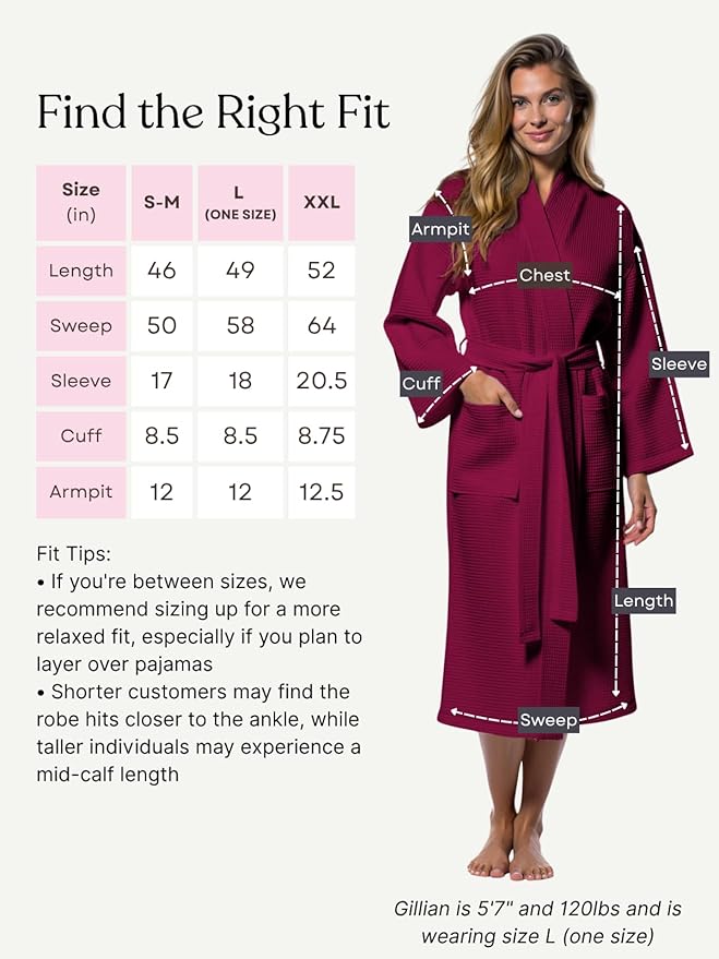 Turquaz Lightweight Waffle Knit Kimono Bathrobe - Soft Cotton Blend Spa Robe, Fast-Drying Full-Length Unisex Robes for Women