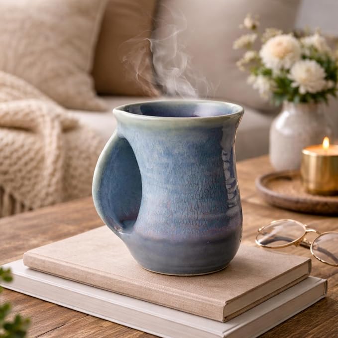 Hand Warmer Mug, Ceramic and Hand Painted - Contoured Pocket will Hold Warmth From The Heat Of Your Drink - Keep Your Fingers Warm, Comfy Handwarmer Gift, Winter Stocking Stuffer Gifts - Left Handed