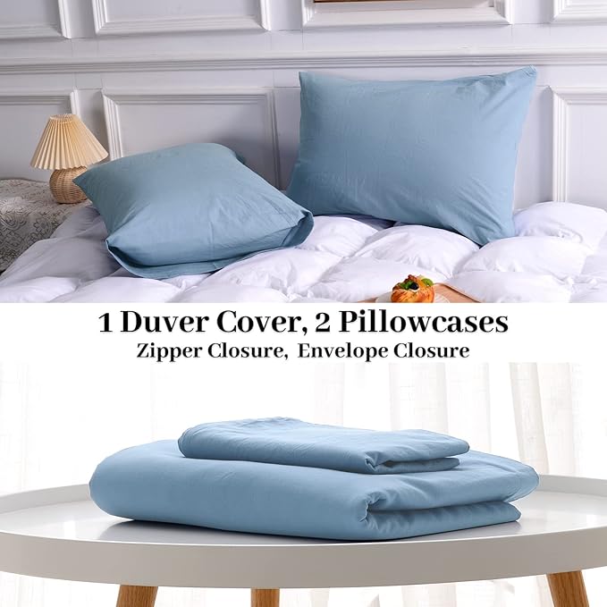 NEXHOME PRO Duvet Cover Set 100% Washed Cotton Full Size Linen Feel Textured Organic Natural 3 Pieces Bedding Set Royal Navy Klein Blue with Zipper Closure and Corner Ties, Breathable
