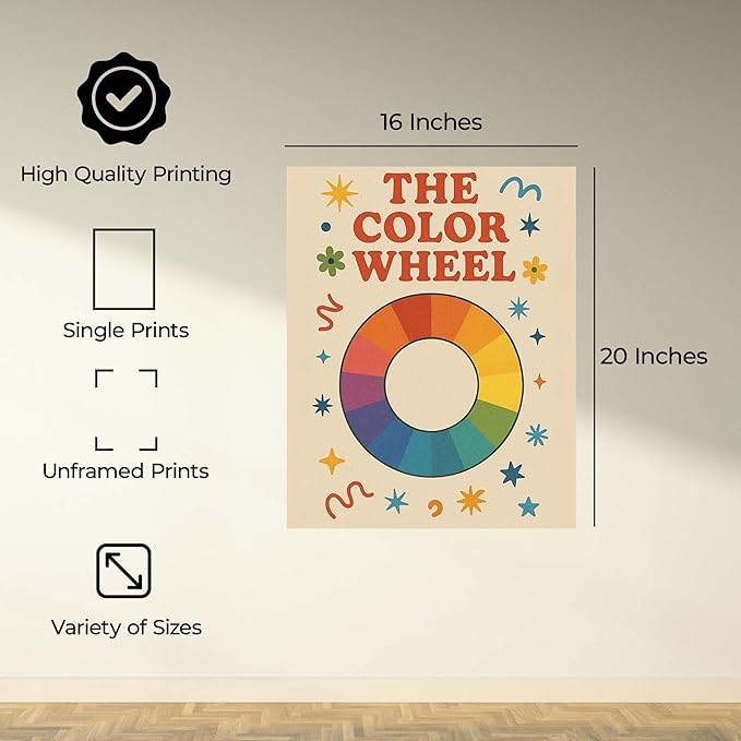 InkFlow Posters The Color Wheel Poster - Retro Colorful Typography Graphic - Modern Educational Print - Trendy Art for Kids Room, Classroom, Home - 16x20 Unframed Canvas Print
