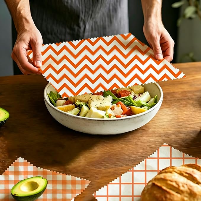 Reusable Beeswax Wraps, 9 Pack Eco-Friendly Food Storage, Organic, Sustainable, Zero Waste, Plastic-Free, Sandwich, Snack, Bowl Cover, 1XL, 3M, 5S, Orange Chevron Grid Gingham Patterns