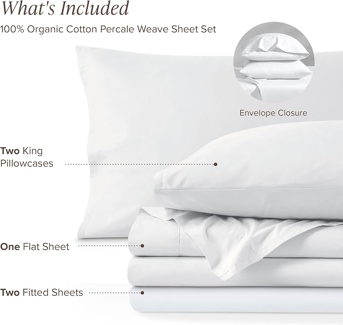 Bare Home 100% Organic Cotton Split King Sheet Set - Crisp Percale Weave - Lightweight & Breathable - Bedding Sheets & Pillowcases (Split King, White)