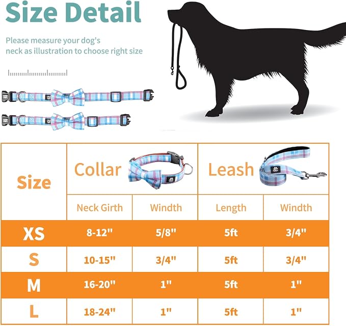 IVY&LANE Dog Collar with Bowtie and Leash Set | Plaid Adjustable Dog Collar | Detachable Bow Tie |5 FT Dog Leash | for Small Medium Large Dogs | Checkered Blue | Small