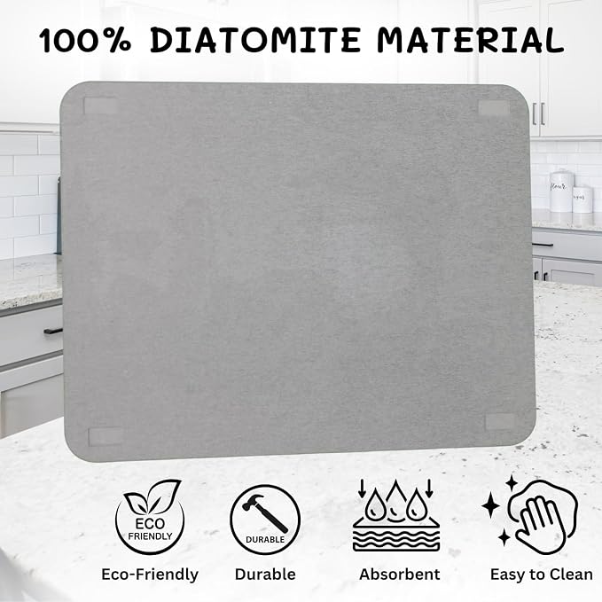 Dish Drying Rack with Stone Drying Mat - Dish Strainers for Kitchen Counter - Quick Absorption, Space Saving, Stainless Steel - Diatomaceous Earth Dish Drying Mat with Cutlery Holder