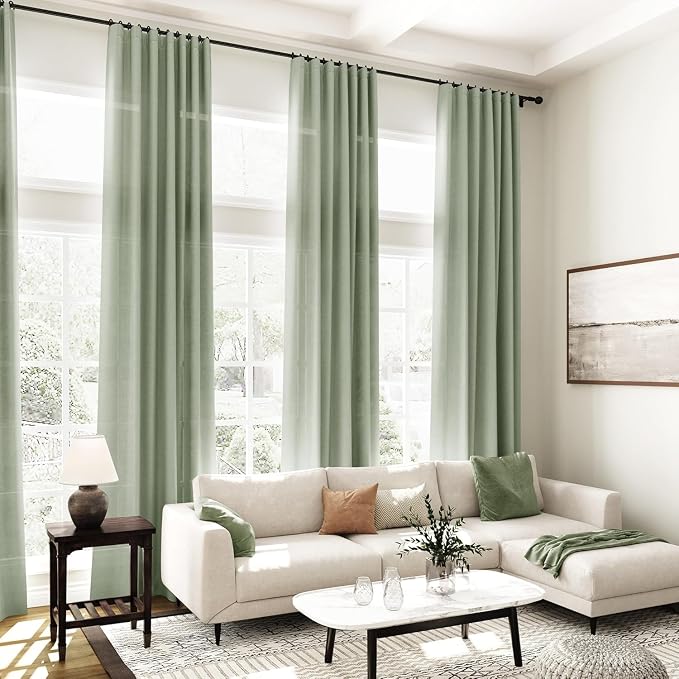 Desert Sage Linen 112 Inch Curtains for Living Room Light Filtering Semi Sheer Curtain Back Tab Rustic Farmhouse Decor Elegant Drapes Floor to Ceiling High Window for Bedroom 52x112, 2 Panels
