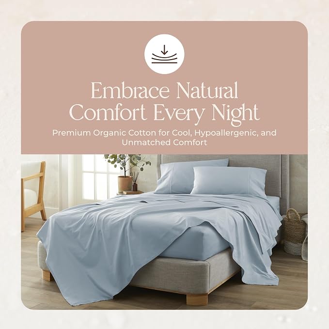 Certified Organic Full Flat Sheet Only - 100% Organic Cotton Top Sheet with Luxurious Soft and Breathable 500 Thread Count Sateen Weave Finish - GOTS & Fairtrade Certified (Powder Blue, Full)