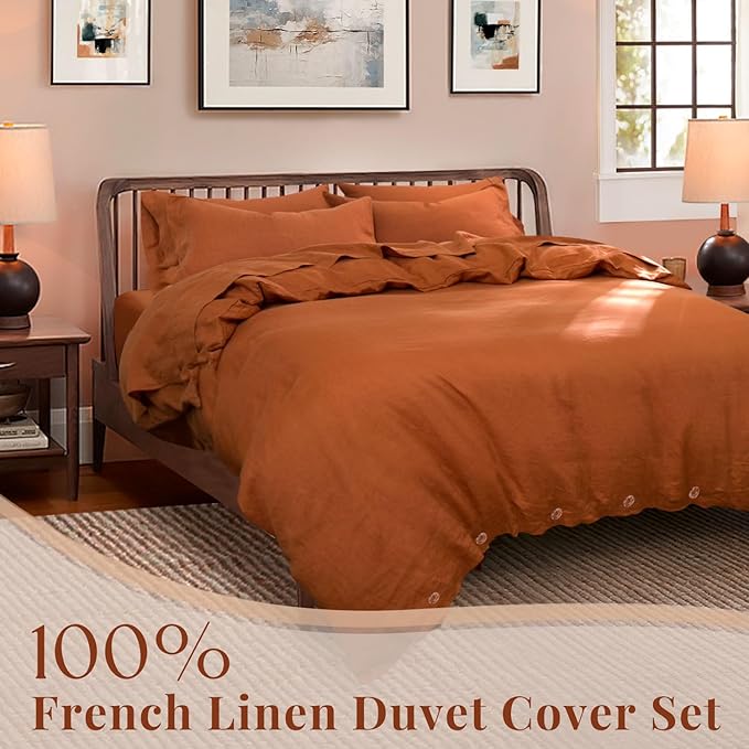 S VICTORY SYMBOL 100% Organic Linen Duvet Cover Set Full Size Rust,Stone Washed French Flax 1 Comforter Cover with Button Closure and 2 Pillowcases,Caramel