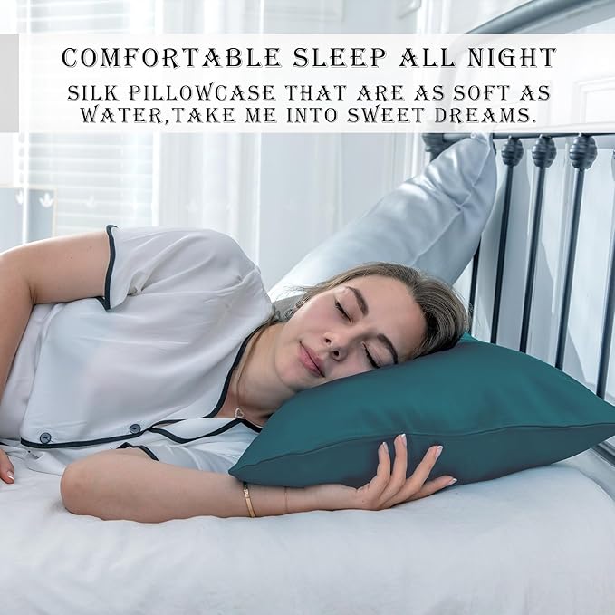 Mulberry Silk Pillowcase for Hair and Skin Pillow Case with Hidden Zipper Soft Breathable Smooth Cooling Silk Pillow Covers for Sleeping (Teal, King,1Pcs)