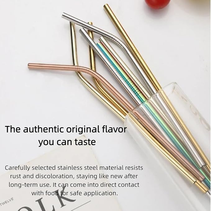 Heavy Duty 304 Stainless Steel Reusable Straw Set, 8 Pack Multi-Color Smoothie Straws with Travel Pouch & Cleaner, Dishwasher Safe Eco- (Rainbow-colored-black bags,8pc)