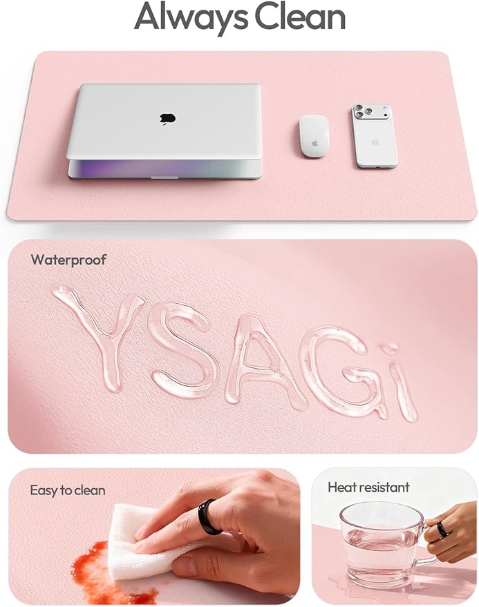 YSAGi Leather Desk Protector, Office Mat, Large Mouse Mat, Non-Slip PU Leather Blotter, Laptop Desk Mat, Waterproof Writing Pad for Office and Home(Light Pink, 63" x 17.2")