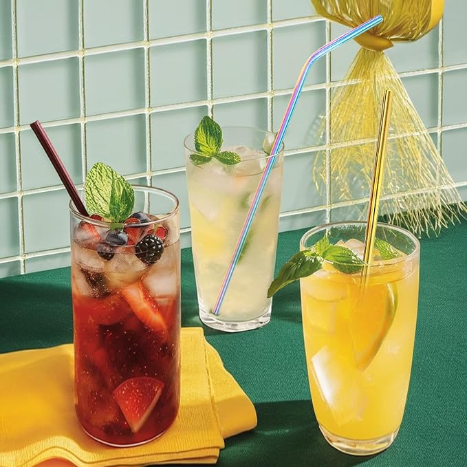 12 Pack 10.5" * 0.24" Stainless Steel Straws with 2 Cleaning Brushes, 6 Straight + 6 Bent Mental Straws, Compatible with 30oz Tumblers(Silver/Black/Gold/Rose Gold/Purple/Rainbow)