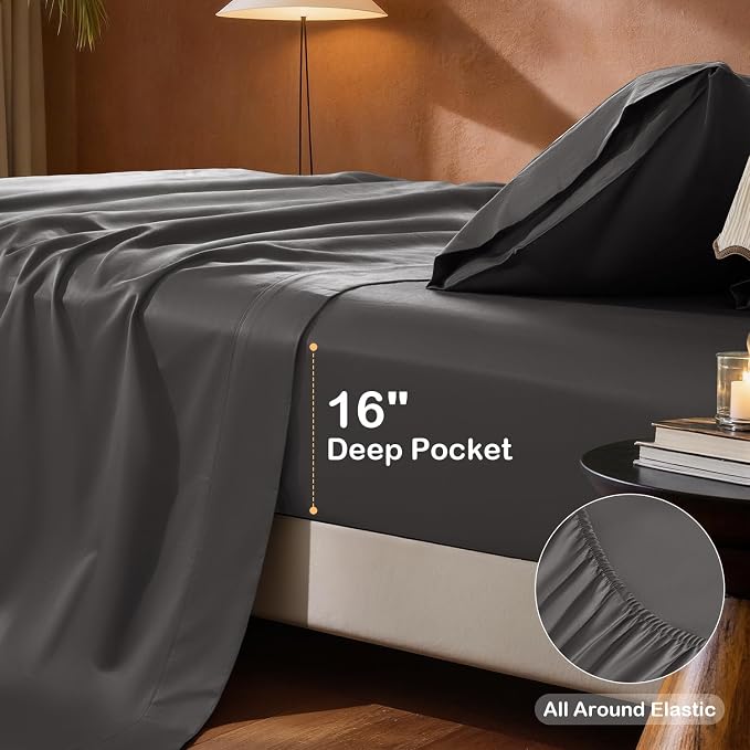 SONORO KATE 100% Organic Cotton Sheets Set - 1000 High Thread Count, GOTS Certified Long Staple Cotton Bed Sheets, Soft, Breathable 5-Star Hotel Sheets, 16" Deep Pockets - 4 PC (Dark Grey,Queen)