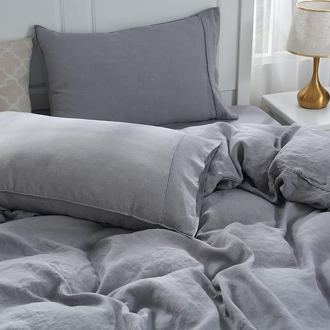 S VICTORY SYMBOL 100% Organic Linen Duvet Cover Set King Size 3pcs,Natural French Washed Flax Bedding(1 Duvet Cover &2 Pillowcases) Buttons Closure(Light Grey)