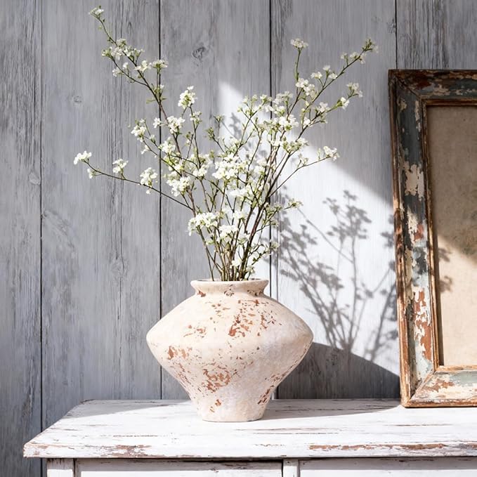 Wabi Sabi Vase 6.7in, Whitewashed Ceramic Vase, Wabi Sabi Decor Vintage Vases for Centerpiece, Round Low Pottery Vase Rustic Farmhouse Decor for Coffee Table Shelf Entryway