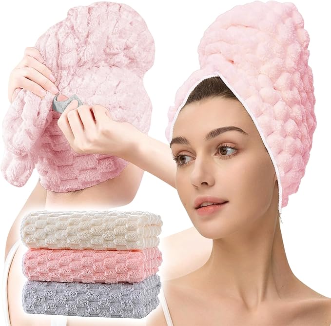 3 Pack Large Microfiber Hair Towels for Women , Super Absorbent Quick Dry Hair Wraps, 41x23 Inches with Elastic Strap, Anti-Frizz Hair Turban for Curly, Long , Thick Hair (Pink + White + Gray)
