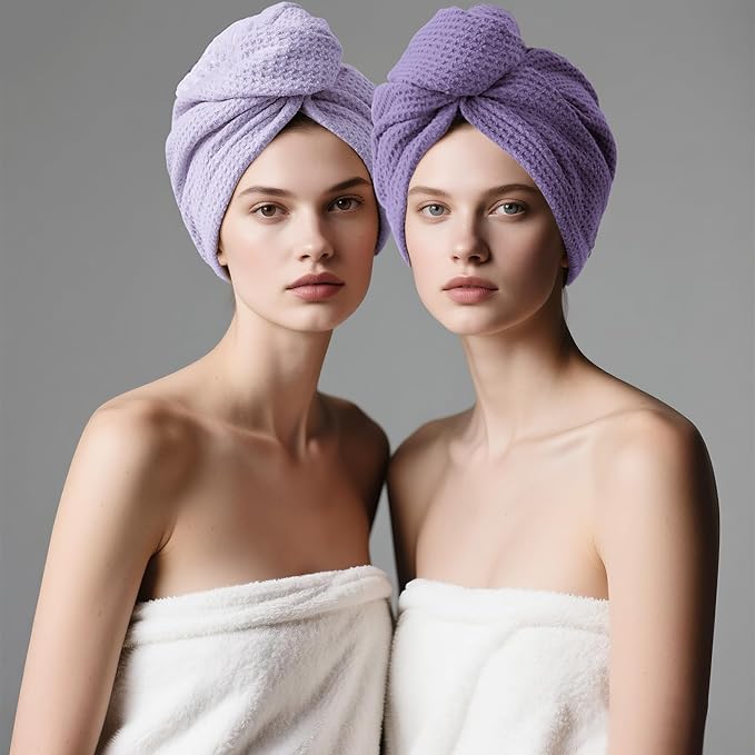 ROLSHOL 2 Pack Microfiber Hair Towel Wrap for Women, 32" x 11" Waffle Weave Hair Plopping Towel for Curly, Long & Thick Hair, Anti-Frizz Hair Turbans for Wet Hair (Deep Purple,Light Purple)