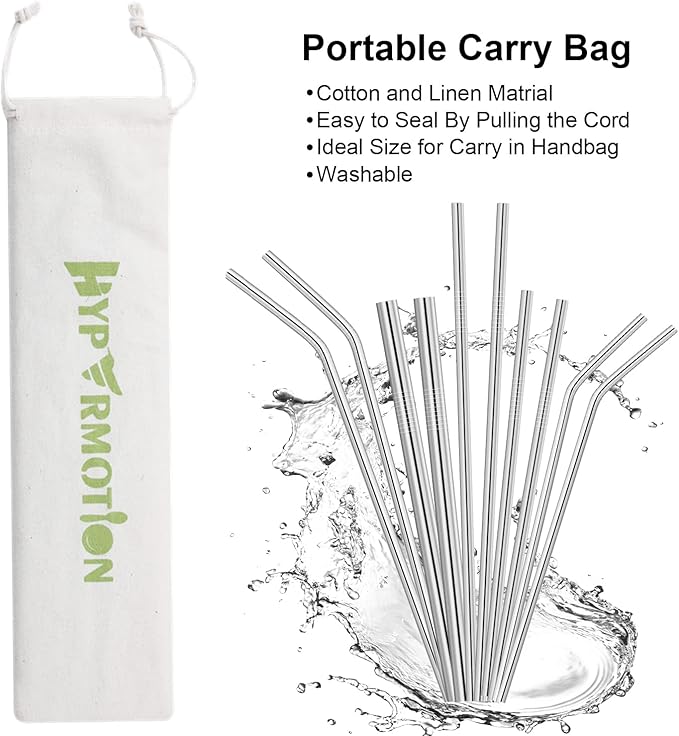 Hypermotion Stainless Steel Straw, Food Grade Reusable Metal Drinking Straw Set with 2 Cleaning Brushes and Carry Pouch for Smoothie, Milkshake, Cocktail and Hot Drinks