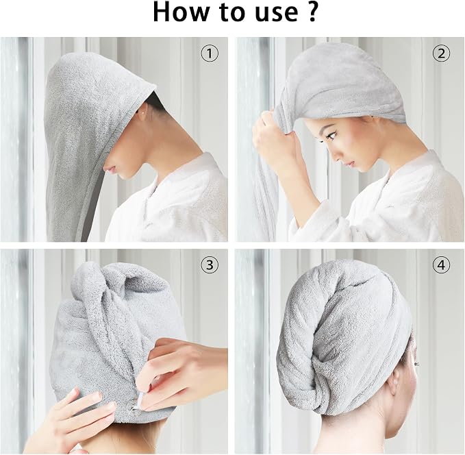 2 Pack Microfiber Hair Towel Wrap for Women Super Absorbent Quick Dry Hair Turban for Drying Curly, Long & Thick Hair 10 inch X 26 inch Lightgrey+SkyBlue