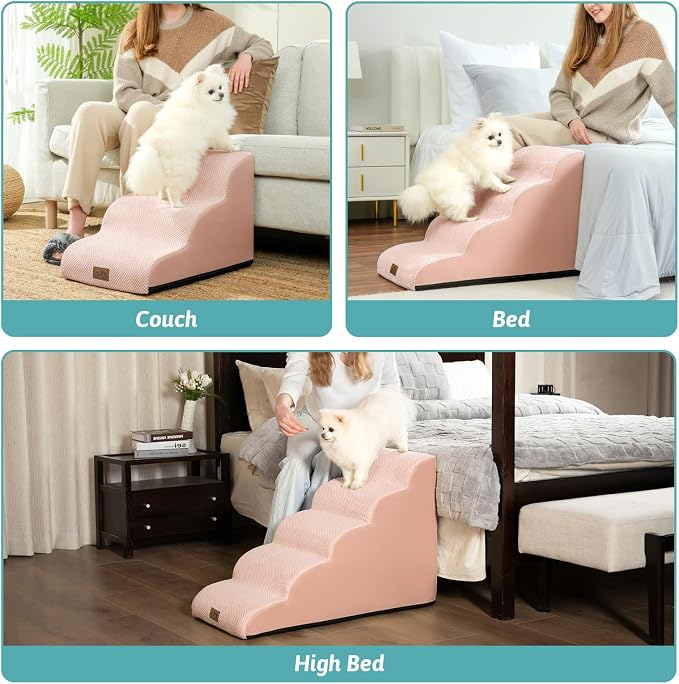 COZY KISS Dog Stairs for Small Dogs 19.7" H, Curved Dog Step for Puppy, Older or Cat, Medium Pet Ramp for Sofa, Couch or Bed, Ladder with High Density Foam, 4 Step, 15.7x28.3x19.7 inch, Pink