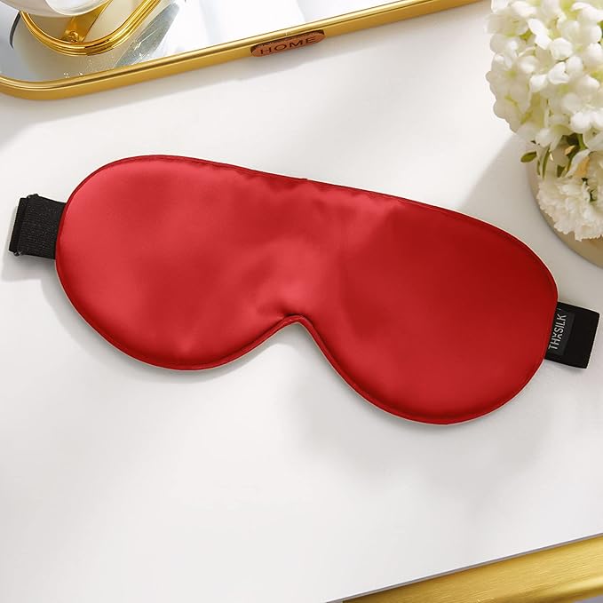 THXSILK Sleep Mask 100% 19 Momme Pure Mulberry Silk Super Smooth Cooling Sleep Eye Mask Blackout for Women/Man/Kids Eye Cover with Wide Head Strap Good Night Sleep Comfortable Travel and Nap, Red