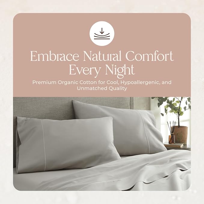 Organic Queen Fitted Sheet Only Deep Pocket - 100% Organic Cotton Sheets with Breathable 300 Thread Count Sateen Weave GOTS & Fairtrade Certified - Soft Fitted Bed Sheets Only (Pewter, Queen)