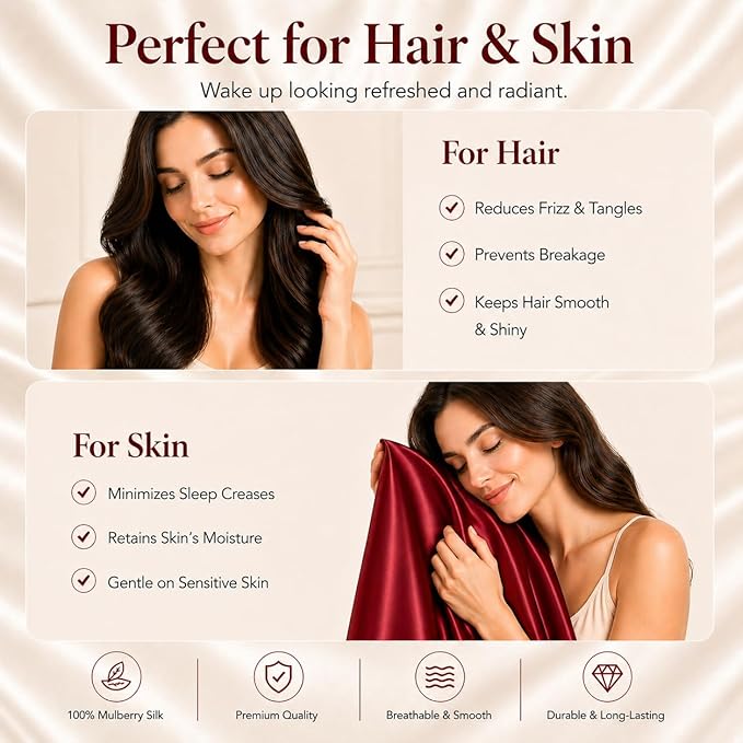 Red Silk Pillowcase for Hair and Skin Made in USA, 22 Momme Mulberry Silk Pillow Case with Zipper, 6A Grade Organic Fabric, Cooling, Anti Acne, Soft, 1 Pc 20"x30" (Queen, Red)