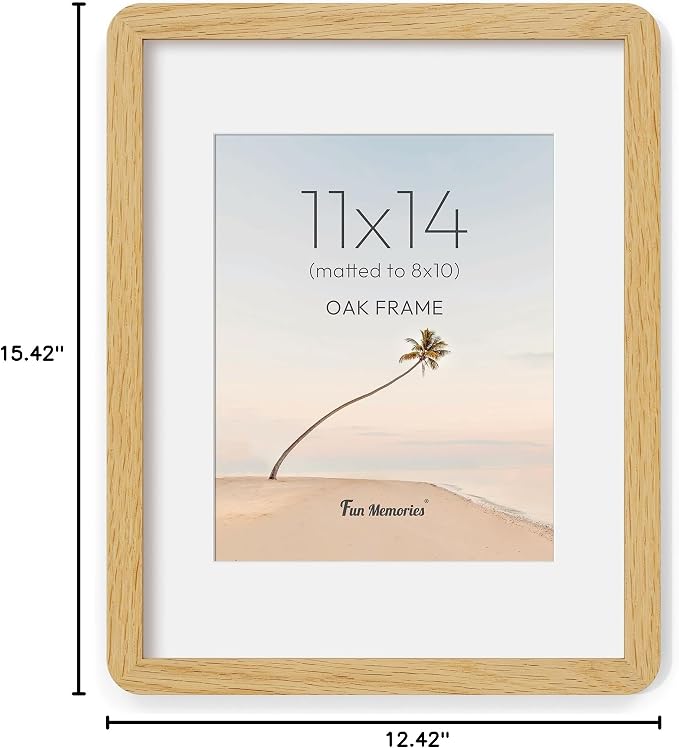 Fun Memories 11x14 Picture Frame - Solid Oak Wood 11x14 Frame with Mat for 8x10 Photos, 11 By 14 Poster Wood Wall Frame, Horizontal or Vertical Wall Mounting, Natural Oak