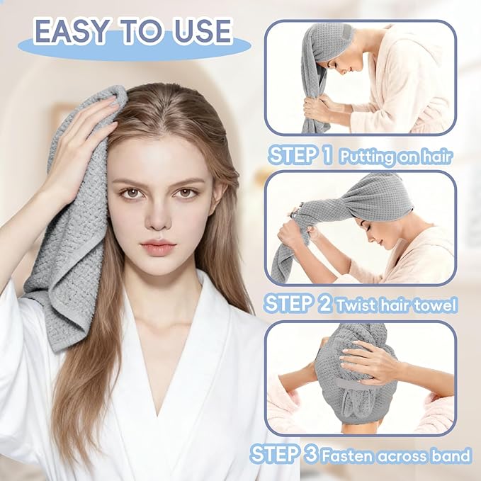 Large Microfiber Hair Towel for Women, Super Soft Absorbent Quick Dry Hair Towel Wrap with Elastic Band, Fast Drying Anti Frizz Hair Turban for Curly Long Thick Wet Hair Care 24''x40'' (Grey)