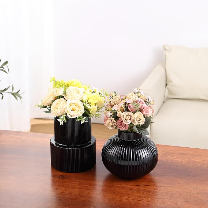 Ribbed Glass Vases, Set of 2 Flower Vases, Black Vase for Tulips, Modern Vase for Living Room, Kitchen, Office, Entryway, Mantle, Bookshelf, Wedding Gifts, Birthday