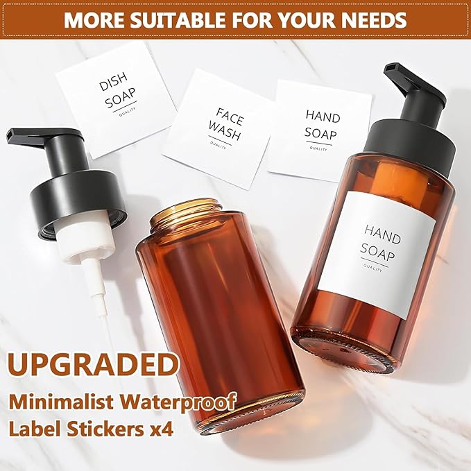 RYTOXILO Amber Foam Soap Dispenser, 10 oz/300ml Glass Foaming Soap Dispenser, 2 Pcs Foaming Hand Dispenser for Bathroom & Kitchen, Refillable Bottle with Waterproof Labels