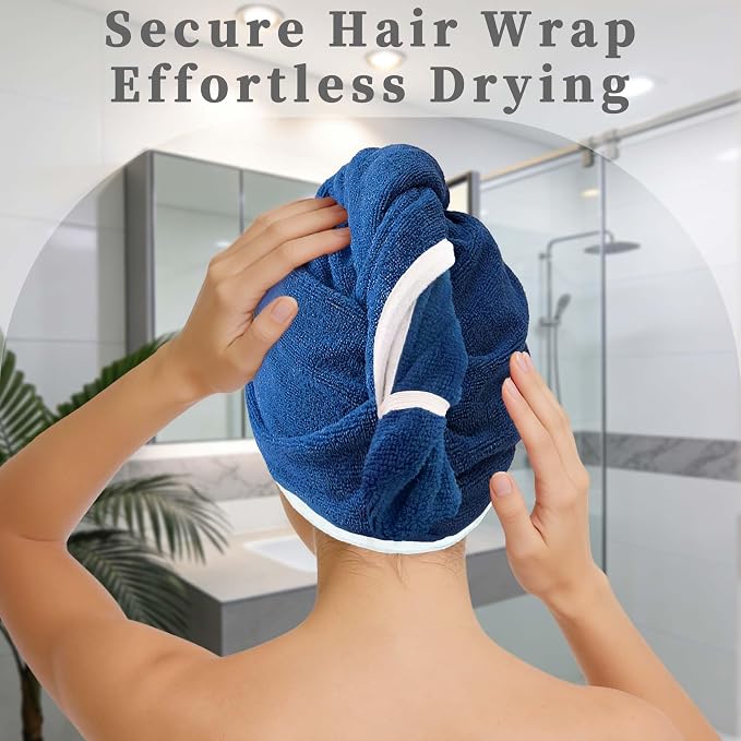 VOOVA & MOVAS Green & Navy Microfiber Hair Towel Wrap for Women, 2 Pack Elastic Loop Hair Turban, Ultra Soft Anti Frizz Fast Drying Curly Hair Towel, Highly Absorbent Reduce Heat Damage