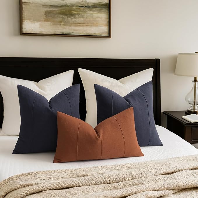 ZWJD Decorative Linen Throw Pillow Covers 18x18 Set of 2 Solid Handcrafted Striped Cushion Covers for Bed Soft Modern Farmhouse Neutral Pillowcase for Couch Bedroom Living Room Home Decor(Dark Navy)