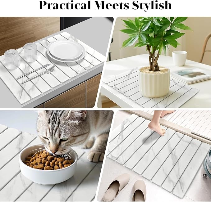 Large Stone Dish Drying Mat for Kitchen Counter, Quick Dry Dish Drying Mats, Foldable Absorbent Diatomaceous Earth Mats for Dishes Bottles Cups, Match Any Countertop (White Marble 24"×16" & 8"x4")