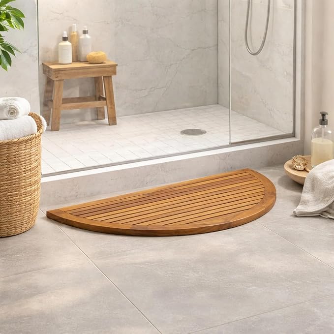 Nordic Style Teak Rounded Shower, Bath and Spa Mat | Indoor + Outdoor Use | Non-Slip Wood Platform | Spa, Sauna, Pool, Hot Tub | Luxury Decor (Oiled Finish, 39" x 20", Half Moon)