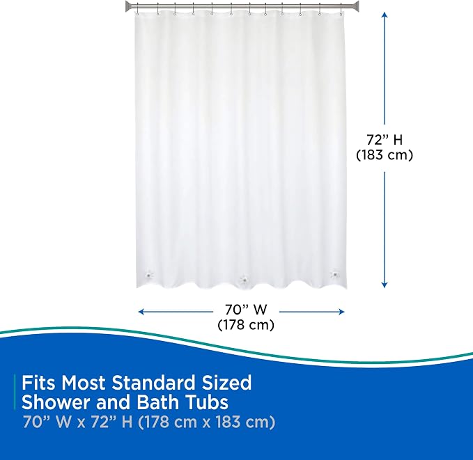 Kenney KN61440PK2 Medium Weight 5 Gauge Waterproof PEVA Shower Curtain Liner with Rust-Resistant Metal Grommets and Weighted Magnetic Hem for Bathroom, 70" W x 72" H, White, 2-Pack
