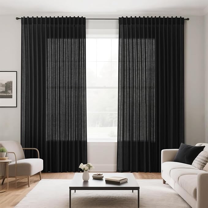 Nanspring Black Linen Curtains 90 Inches Long for Living Room Back Tab and Rod Pocket Semi Sheer Privacy Curtains Simple Modern Cotton Textured Curtain for Bedroom 70x90,2 Panel