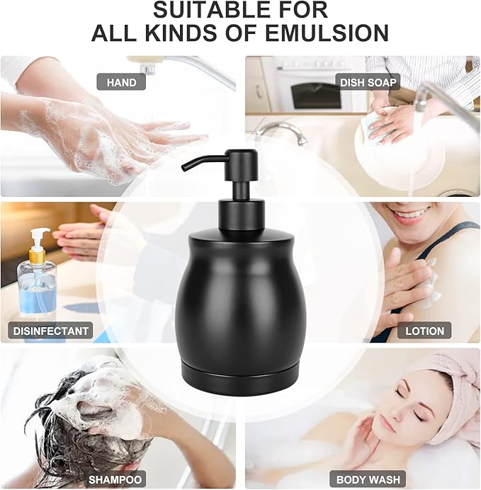 Black Stainless Steel Soap Dispenser, Modern Countertop Liquid & Lotion Dispenser for Kitchen and Bathroom-Rustproof Pump, Easy Refill & Clean-Elegant Home or Commercial Use (Black, 390ml)