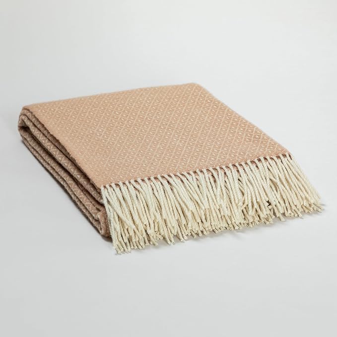 GreaterGood Ukrainian 100% Wool Throw Blanket – Handmade Elegant Cozy Fringed Wool Blanket for Couch, Bed, Sofa & Home Decor, Durable Plaid Herringbone Weave, Fair Trade Artisan Made (Sand, Diamond)