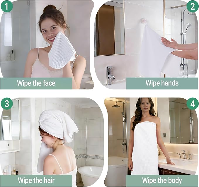 MICROFI Waffle Weave Bath Towel Set, Microfiber, 4 Pieces (Body/Hair/Hand/Face), Quick Dry, Lightweight, Super Absorbent, Lint Free, 380 GSM (White)