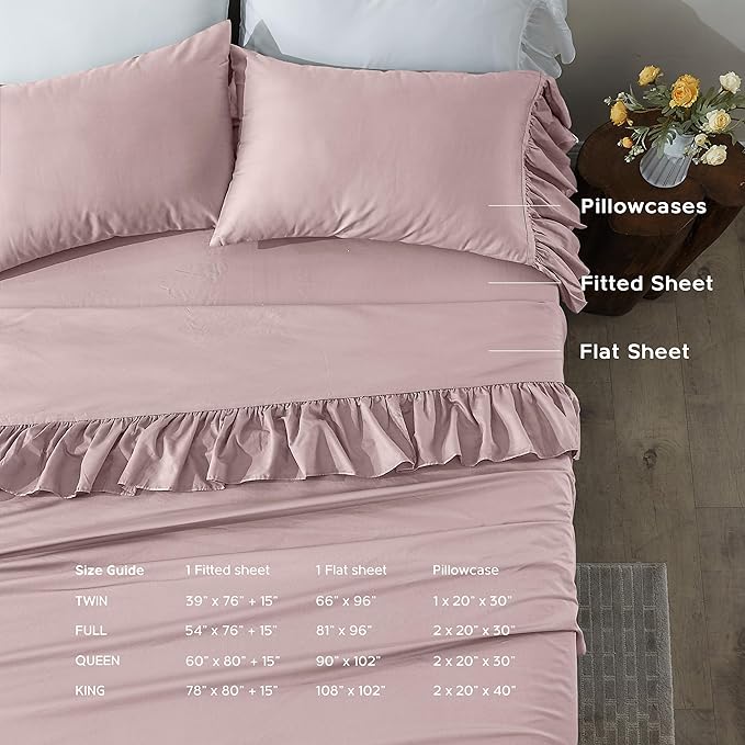 Simple&Opulence 100% Organic Cotton Sheet Set, Long Ruffle Bed Sheets (1 Flat Sheet, 1 Fitted Sheet and 2 Pillowcases) Elegant Shabby Chic Bedding Farmhouse Charming Vintage - Pink, Queen